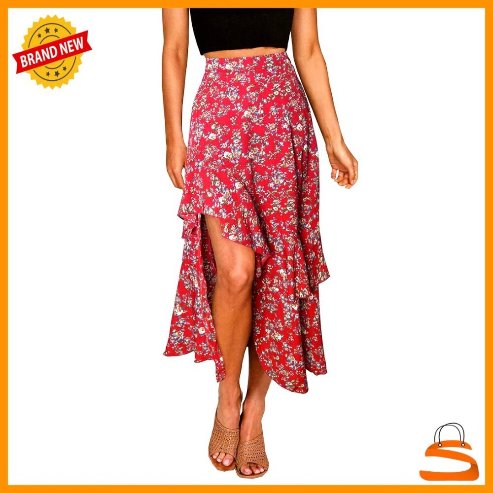 Boho Floral Maxi Skirt Elastic Waist High Low Ruffle Split Casual